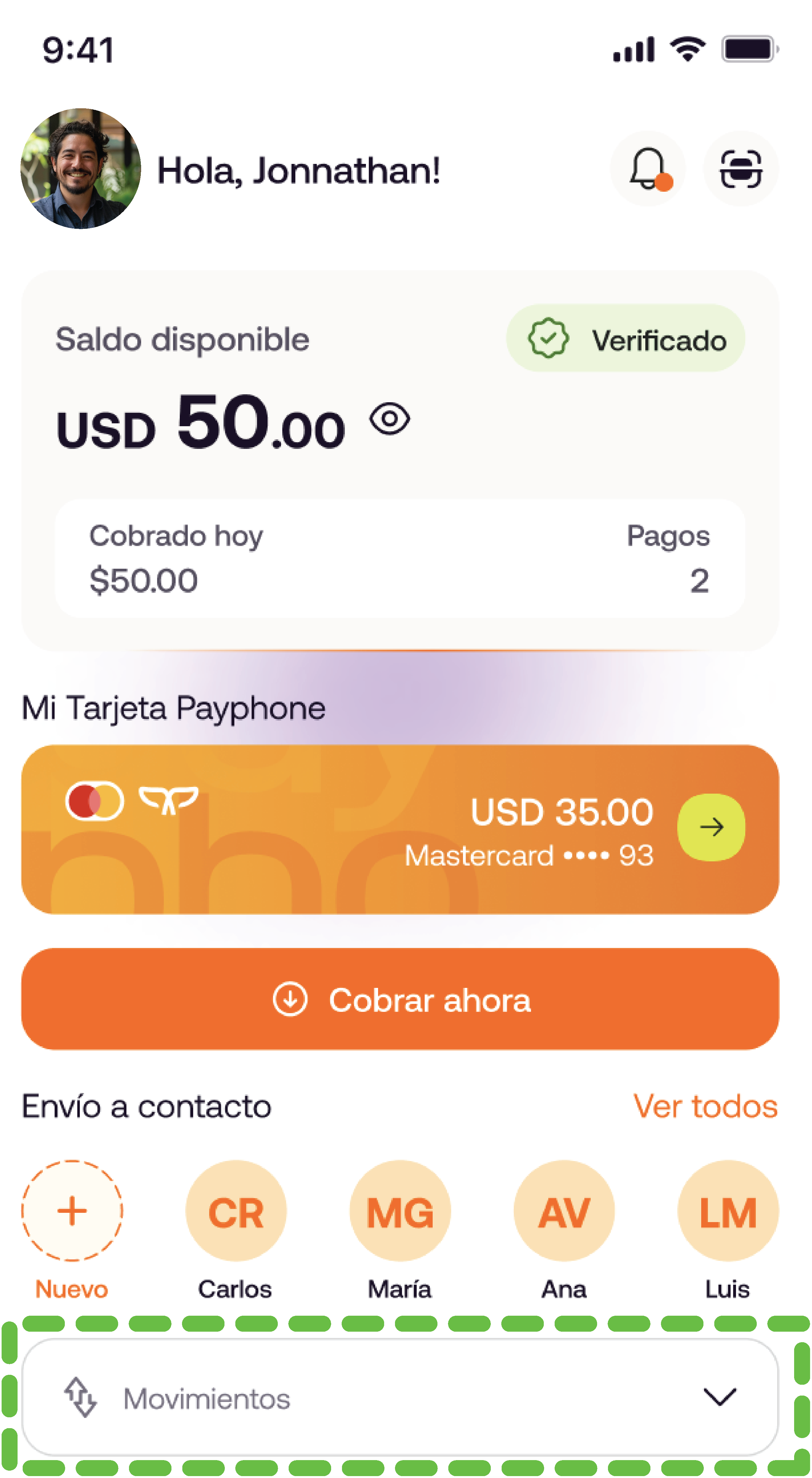 Pantalla de inicio de la app Payphone con la sección Movimientos resaltada.