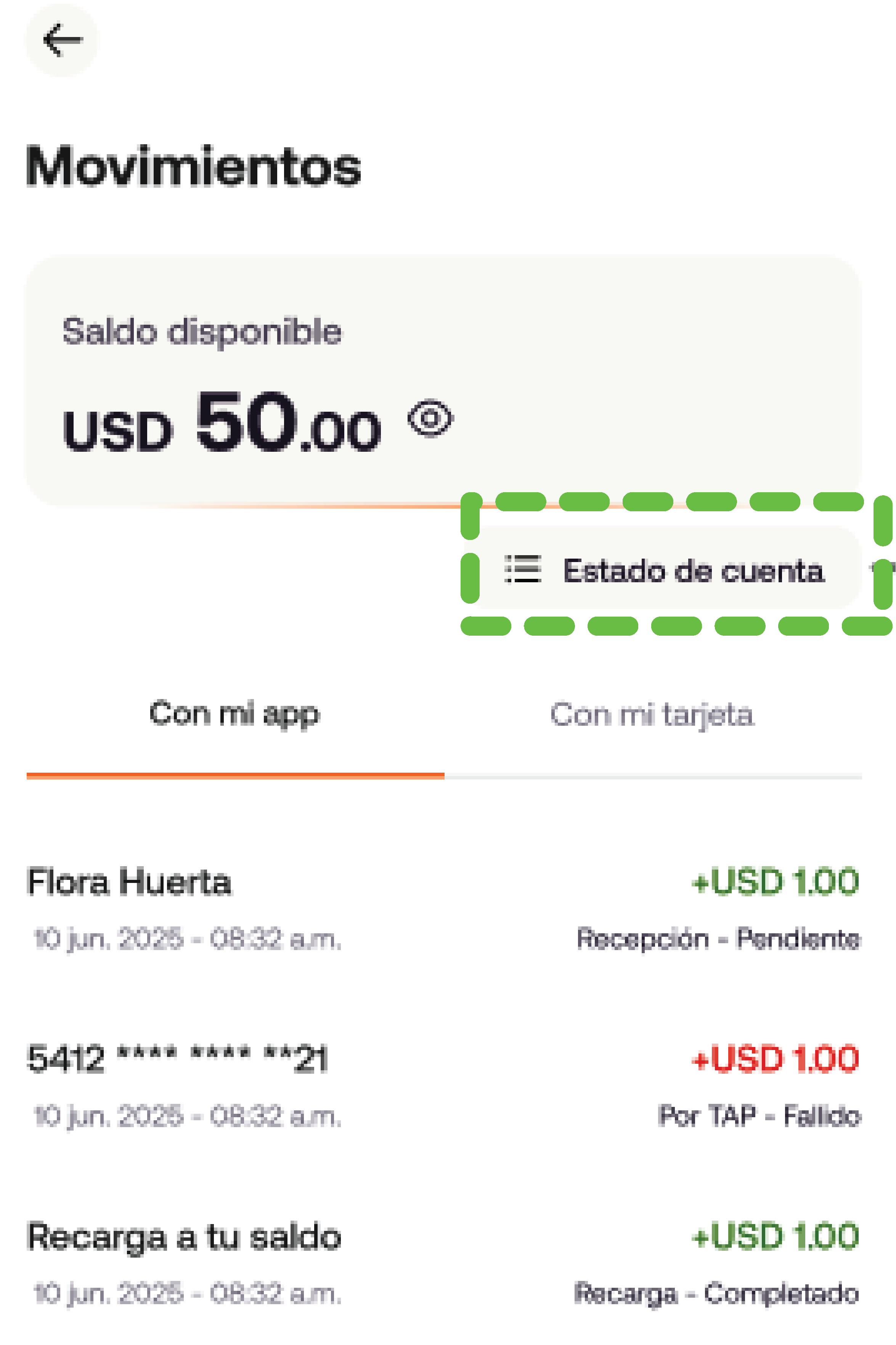 Pantalla Movimientos con el botón Estado de cuenta resaltado.