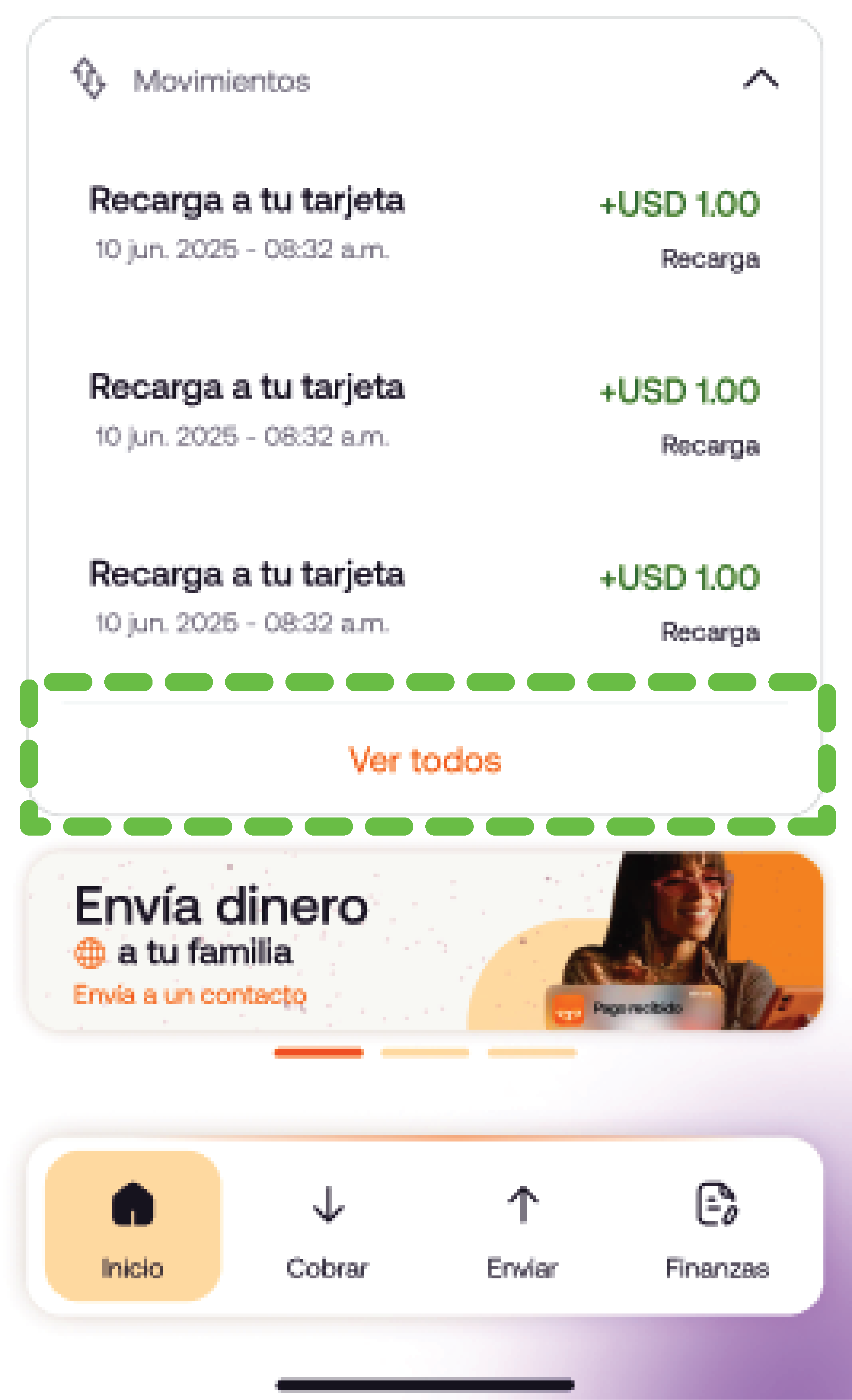 Sección Movimientos abierta con la opción Ver todos resaltada.