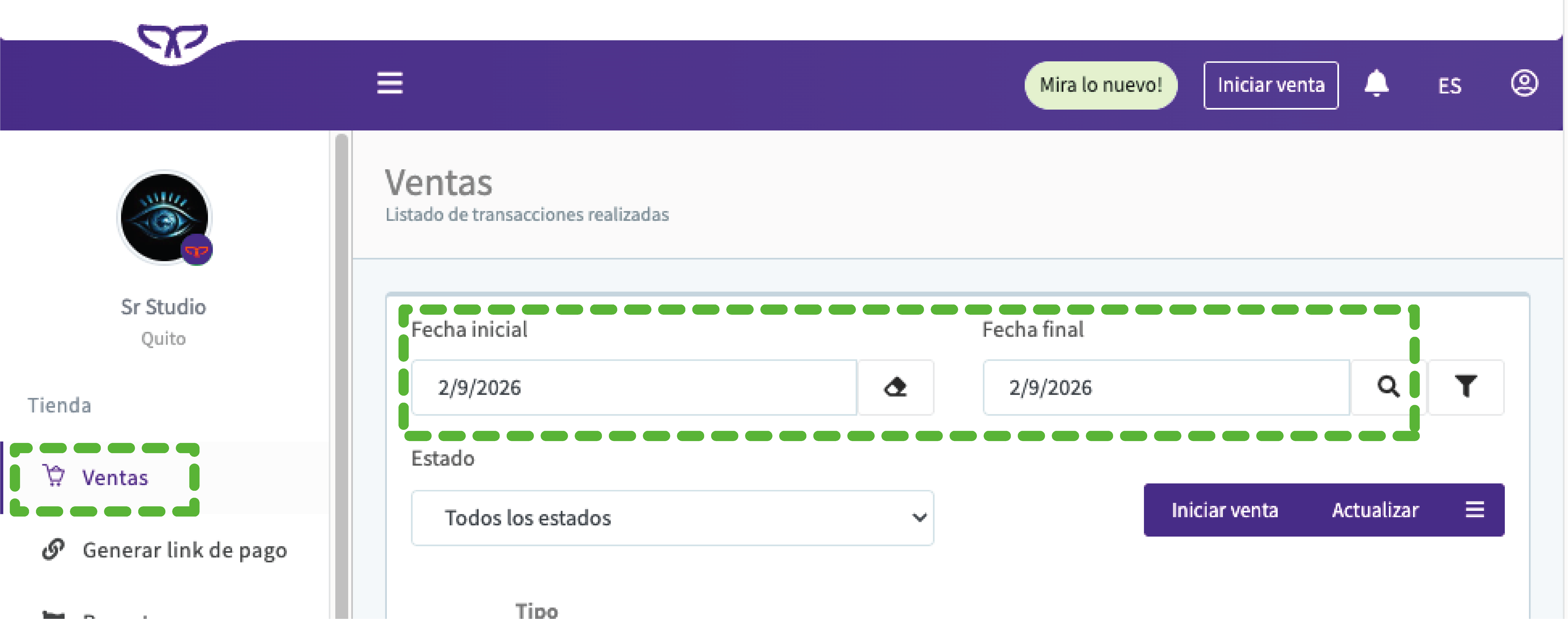 Sección Ventas de Payphone Business con la opción Ventas del menú y los filtros de fecha inicial y final resaltados.