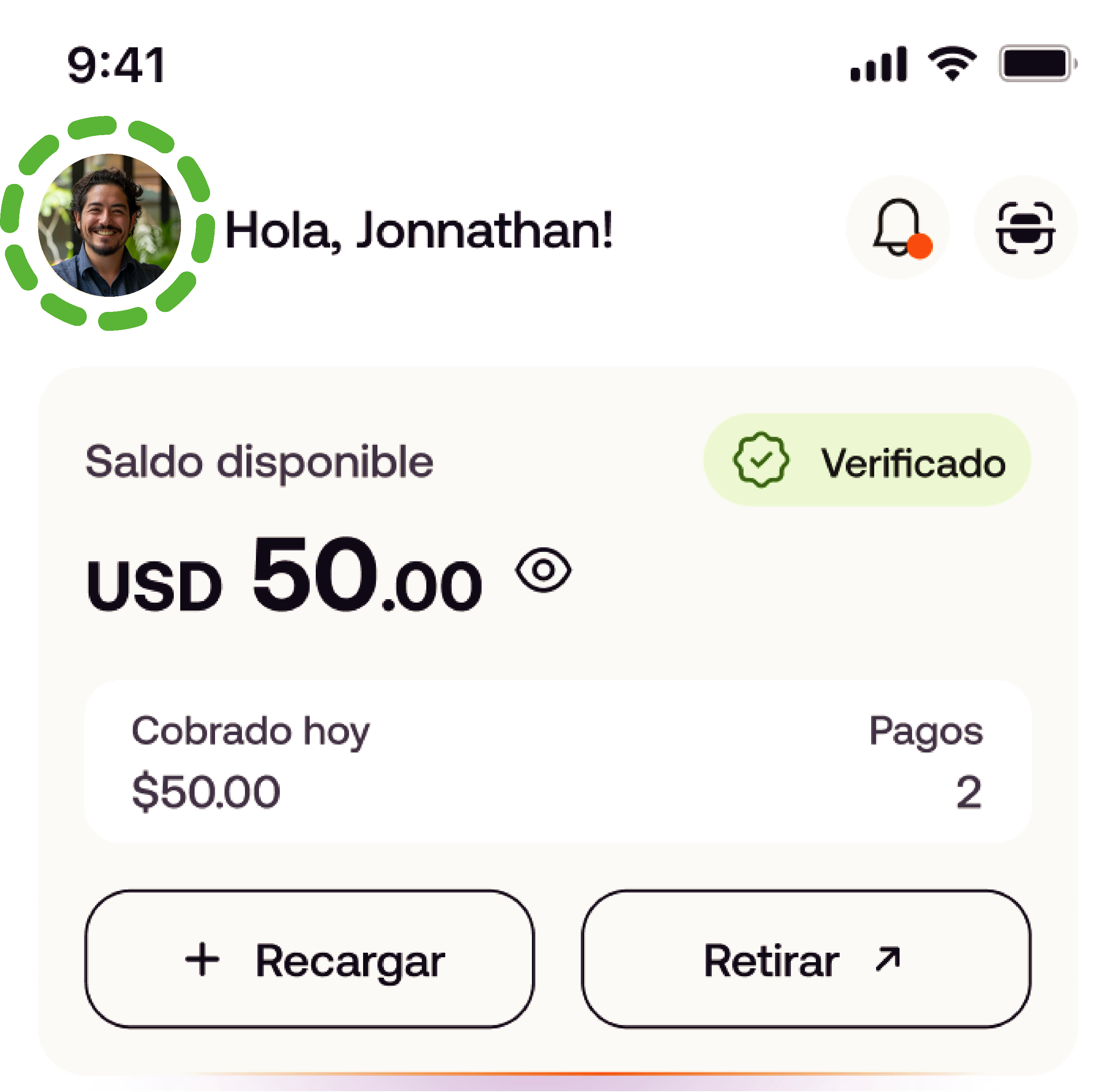 Pantalla de inicio de la app Payphone con la foto de perfil resaltada.