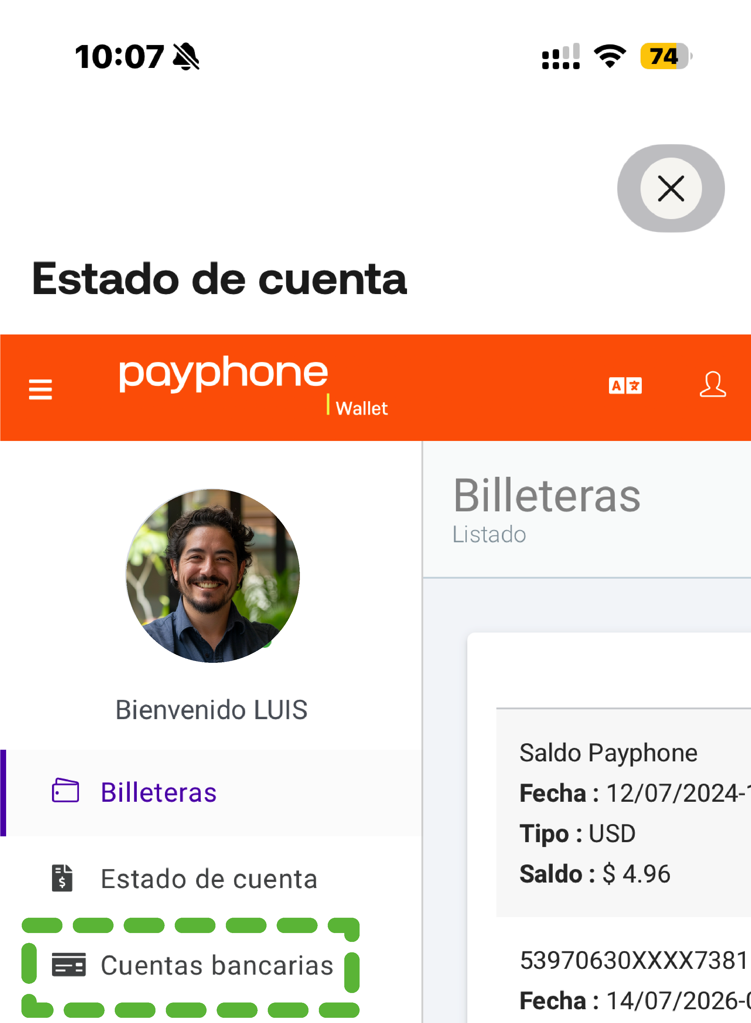 Estado de cuenta de Payphone Wallet con la opción Cuentas bancarias del menú resaltada.