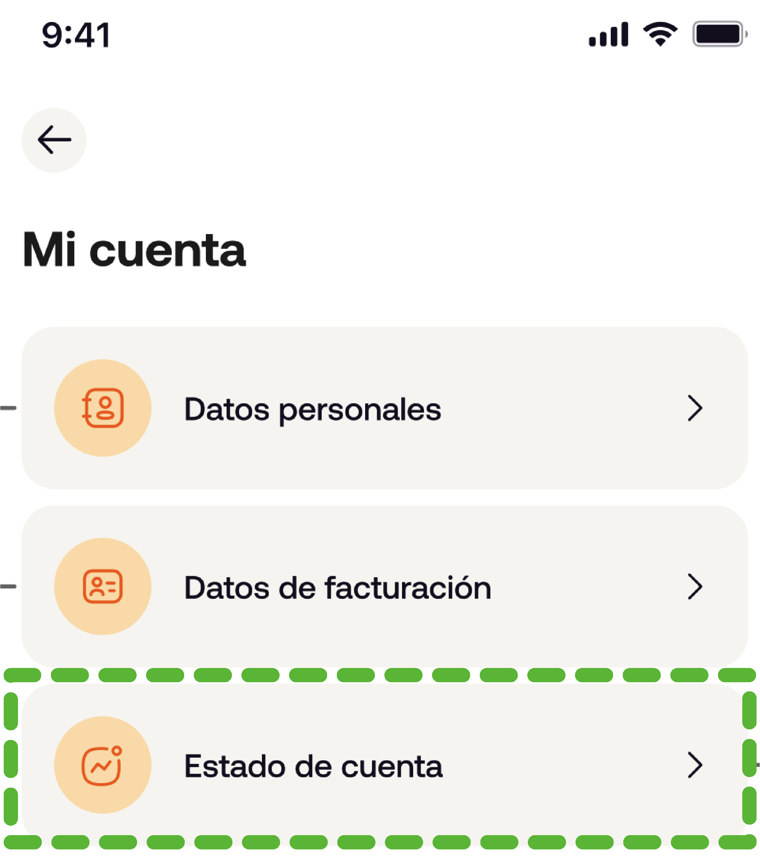 Pantalla Mi cuenta con la opción Estado de cuenta resaltada.