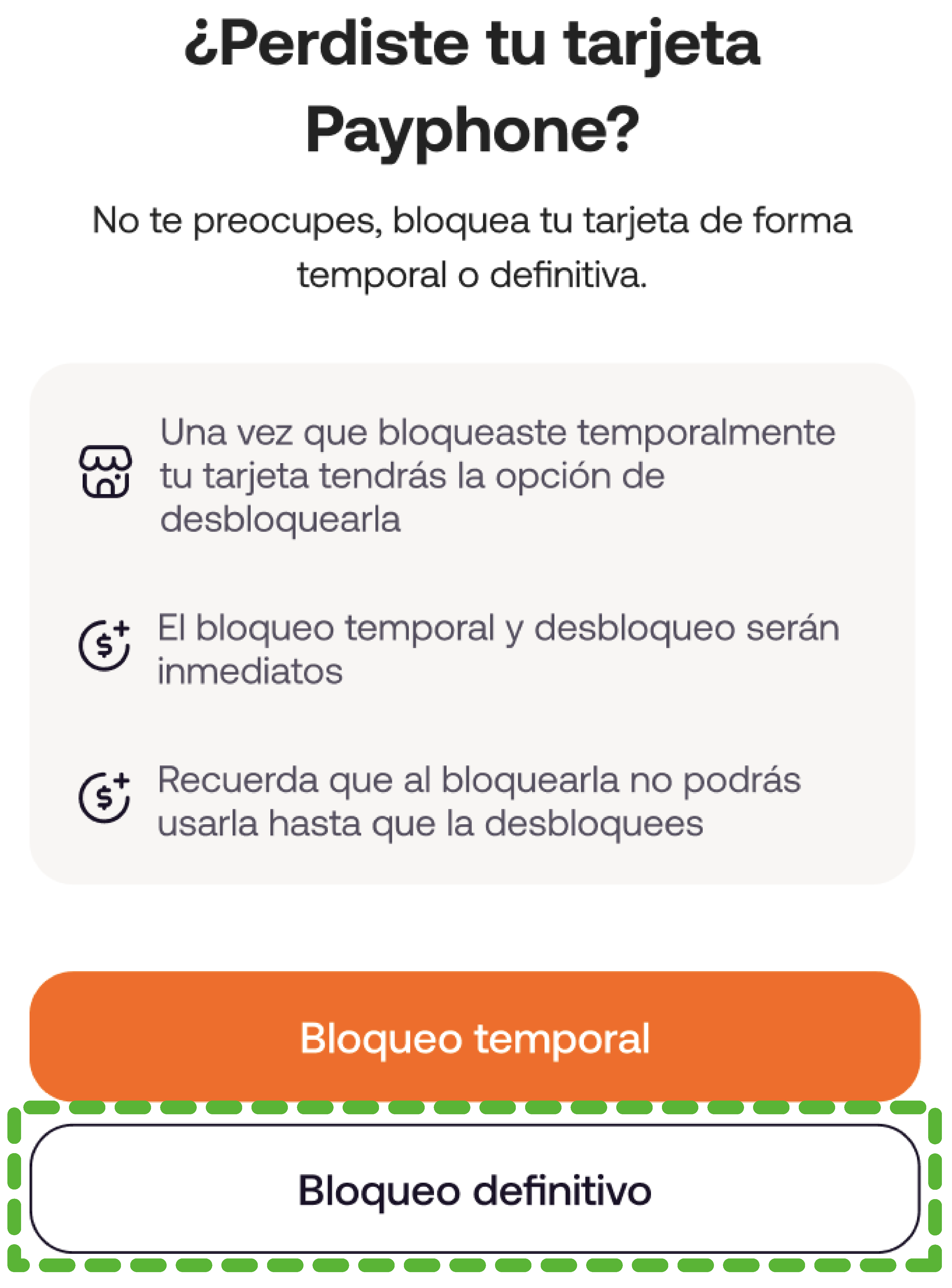 Pantalla de bloqueo de tarjeta con el botón Bloqueo definitivo resaltado.