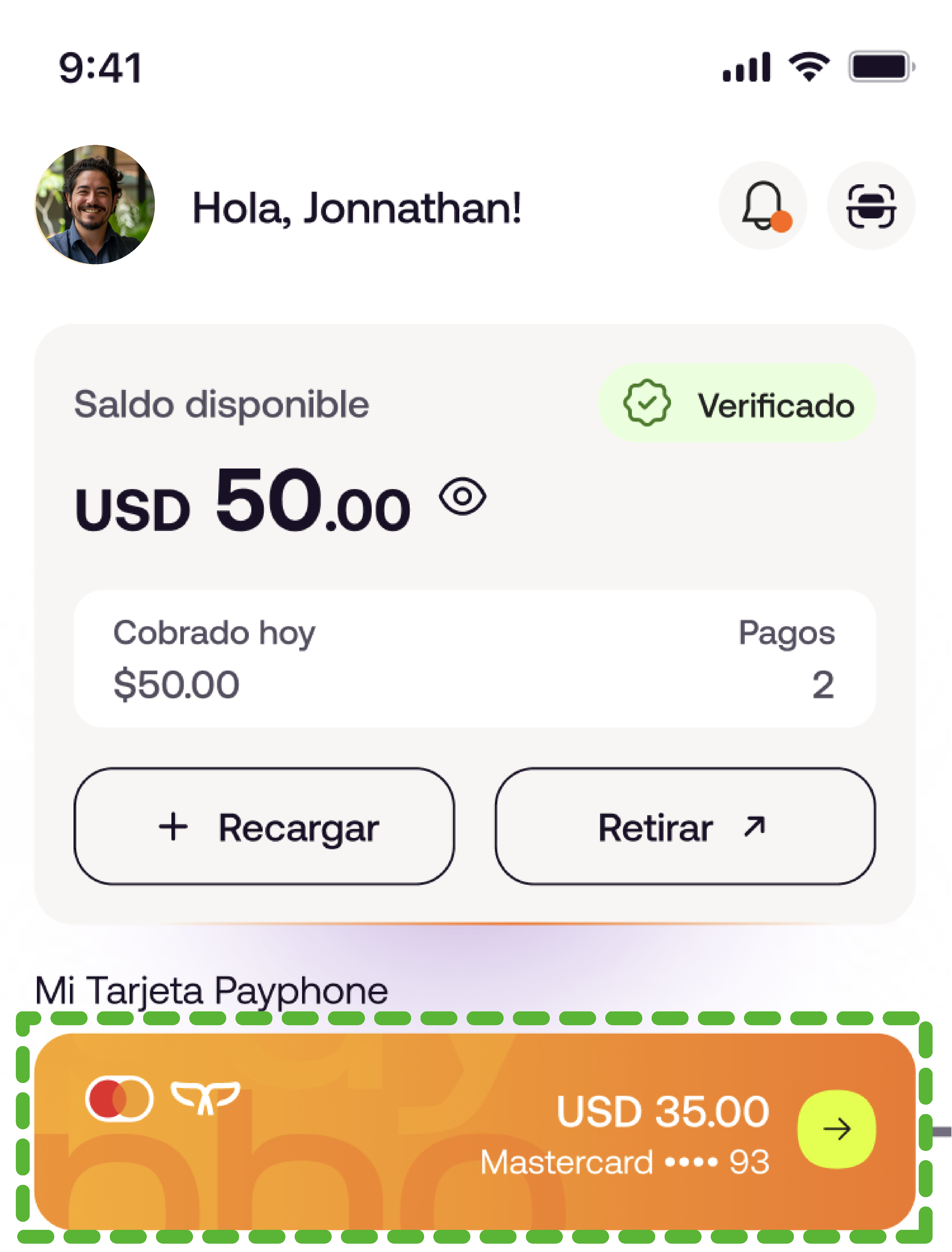 Pantalla de inicio de la app Payphone con Mi Tarjeta Payphone resaltada.
