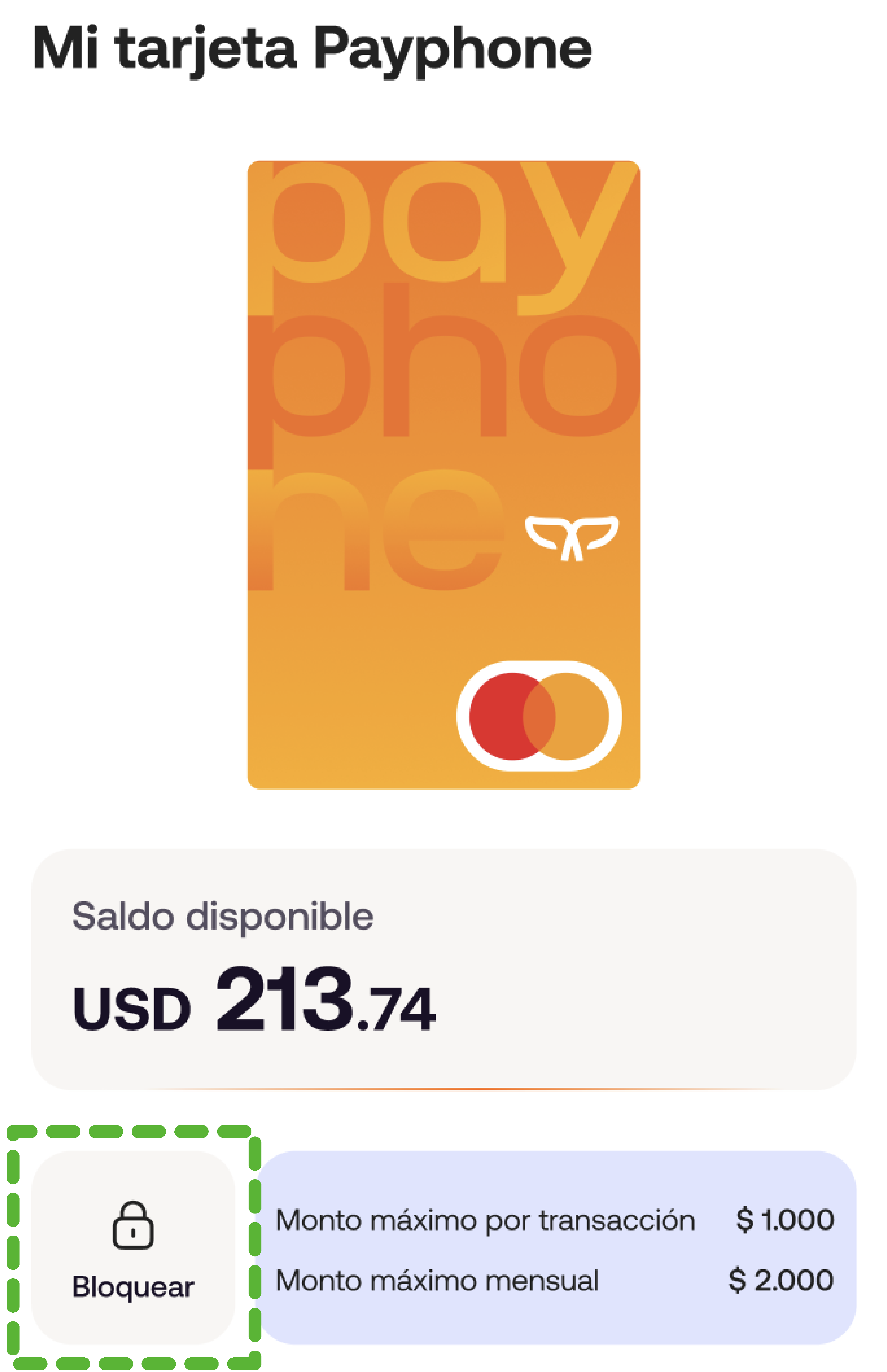 Pantalla Mi tarjeta Payphone con la opción Bloquear resaltada.