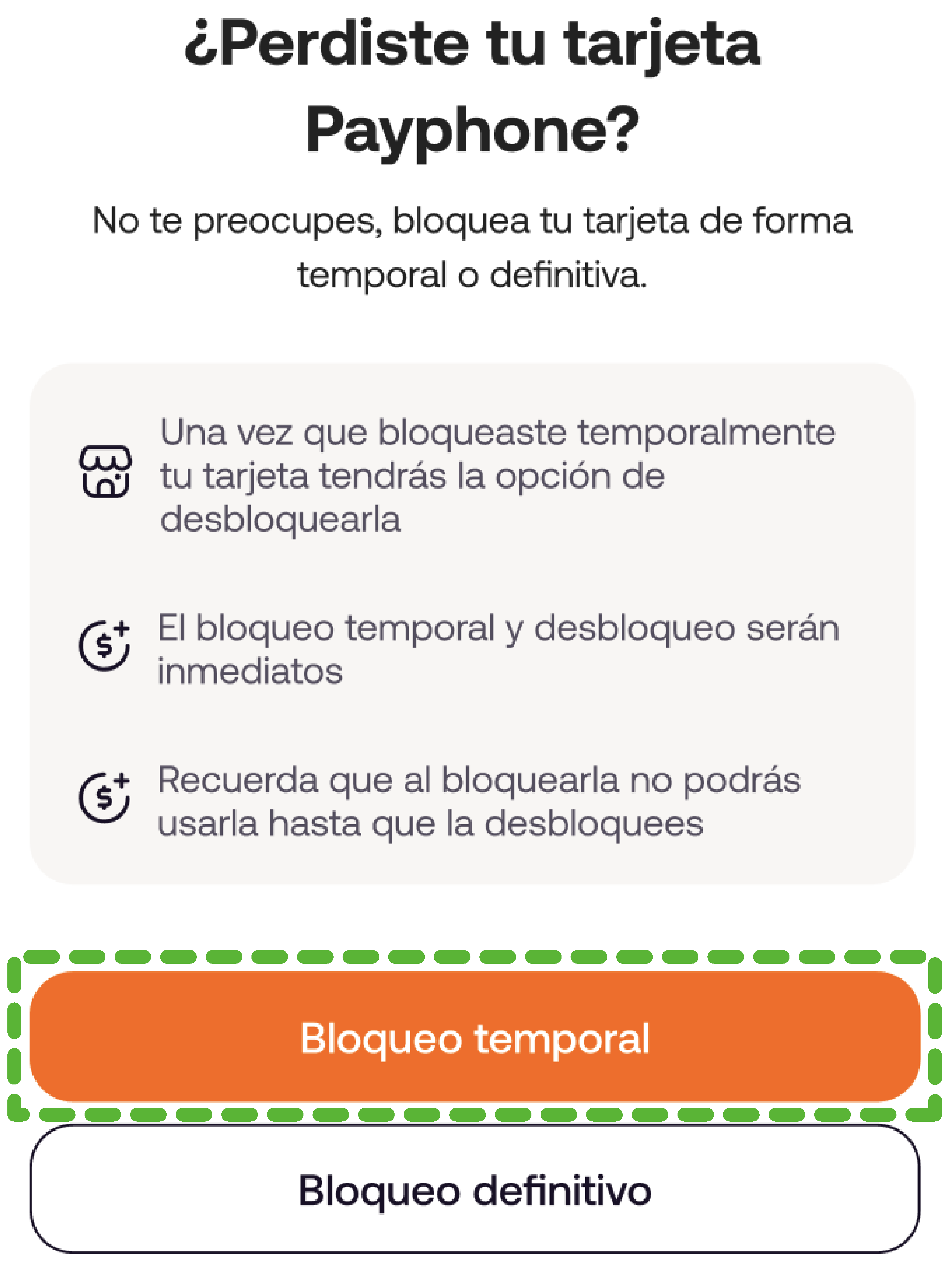 Pantalla de bloqueo de tarjeta con el botón Bloqueo temporal resaltado.