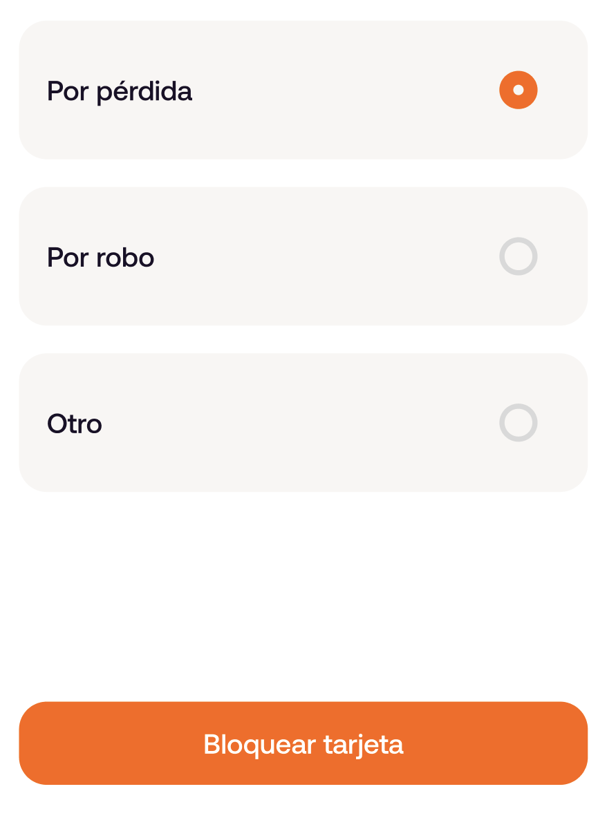 Opciones de motivo de bloqueo: Por pérdida, Por robo y Otro, con el botón Bloquear tarjeta.