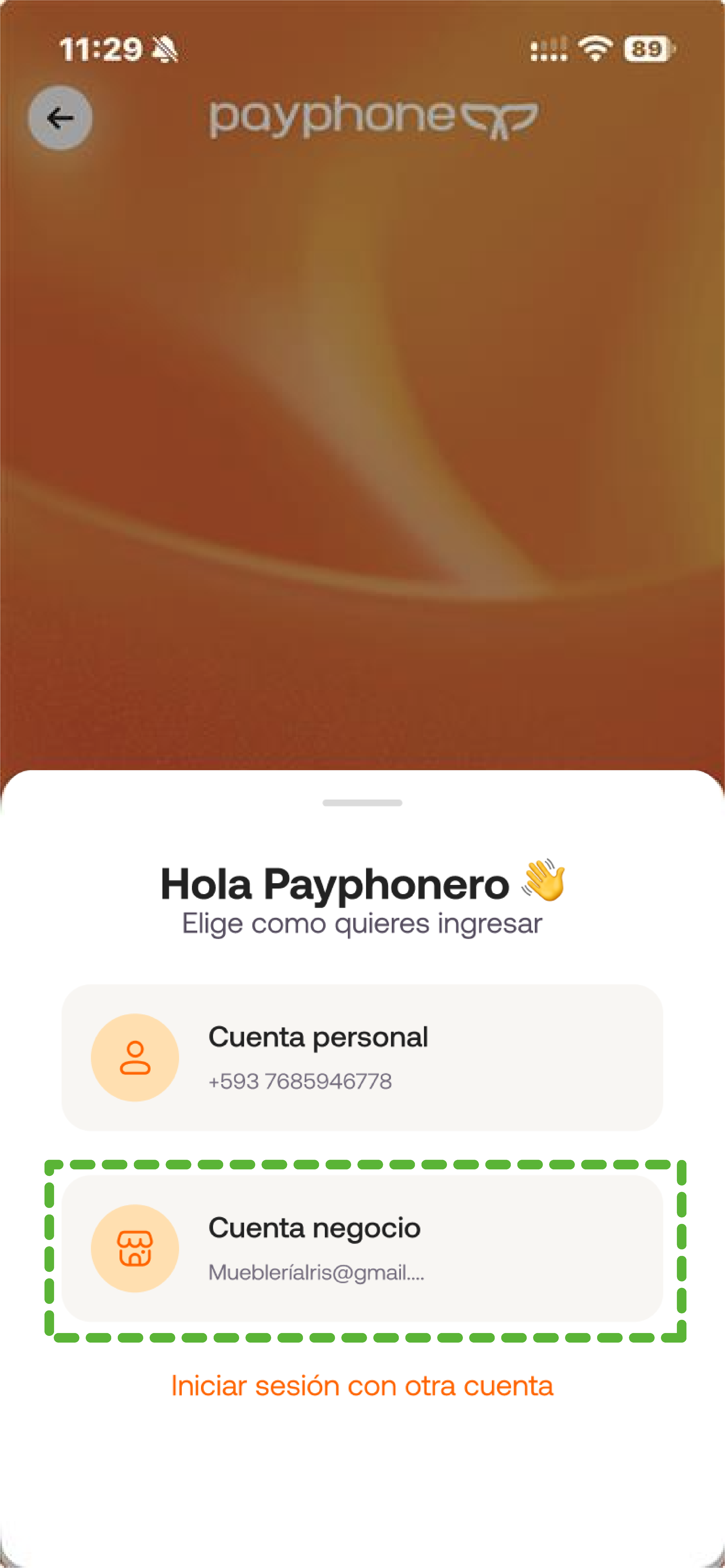ingresa a payphone business desde telefono